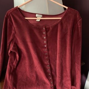 J. Jill velvet button down in a soft cranberry.